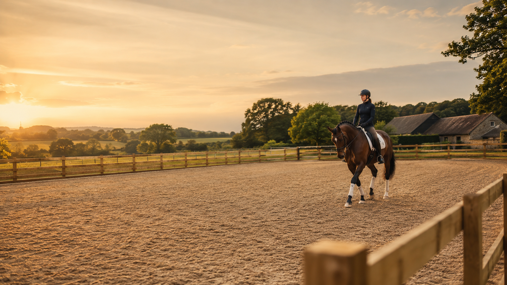 Rider at an equestrian arena at sunset